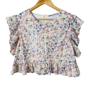 Zara Floral Sequin‎ Crop Top Blouse Flutter Sleeves Cream Pink Blue, Size Medium